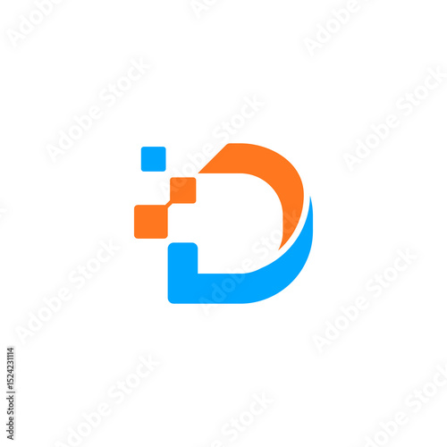 Modern D Logo with Pixelated Orange Detail and Curved Blue Accent
