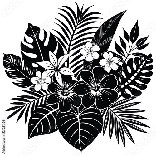 Black and white tropical flowers and leaves vector design for summer background and decoration art
