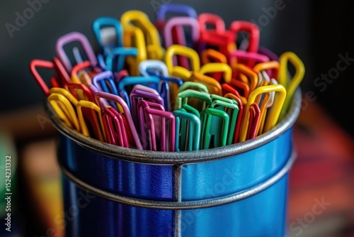 Colorful Paper Clips in Blue Container for Organizational Office Use