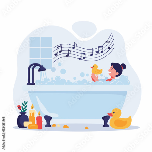 A woman sings in a bubble bath with rubber ducks candles and musical notes above her