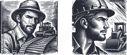 Detailed woodcut style illustration of male construction worker operating heavy machinery, vintage engraving design, industrial work scene, manual labor artwork