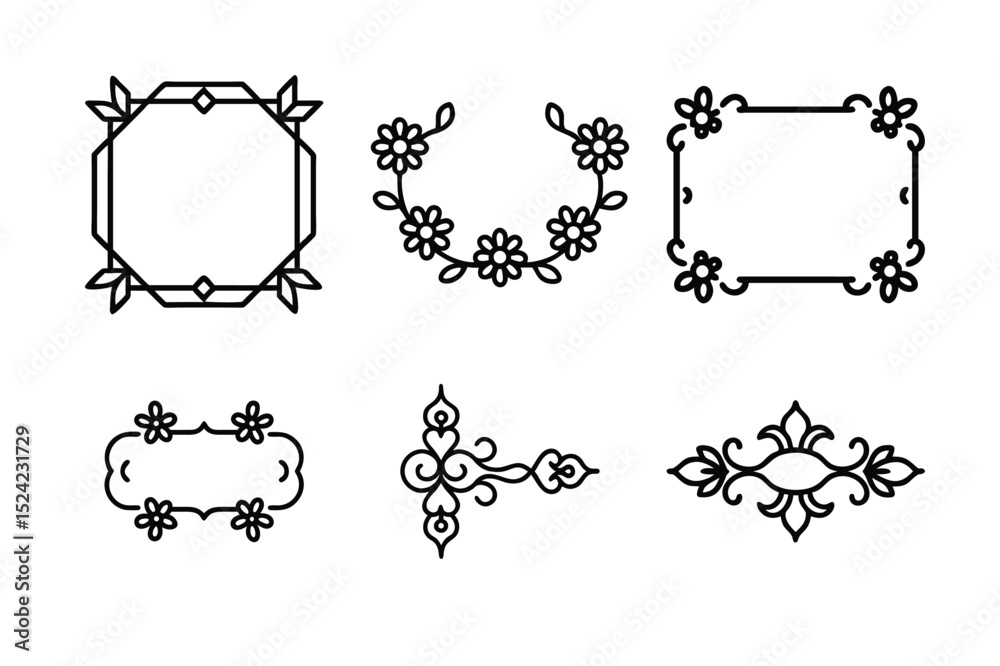 Elegant black floral vintage frames and borders set with ornate decorative swirl design elements
