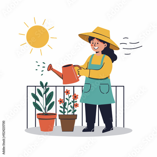 Woman in yellow hat watering plants on balcony under a bright sun