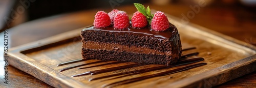 A close-up of a rustic wooden tray Close-up of chocolate cake with raspberries on a rustic wooden tray.with a slice of rich 