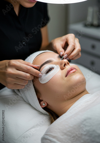 Close-Up of Eyelash Extension Procedure with Tweezers and Eye Pad