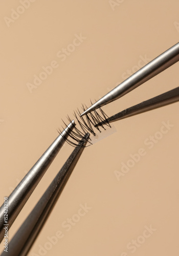 Close-Up of Eyelash Extension Application with Tweezers on Nude Background