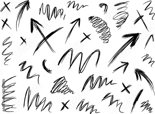 Abstract hand drawn arrows scribbles x marks background