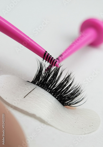 Close-Up of Eyelash Extension Procedure with Tweezers and Eye Pad
