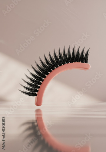 False Eyelashes with Pink Curved Holder on Glossy Surface