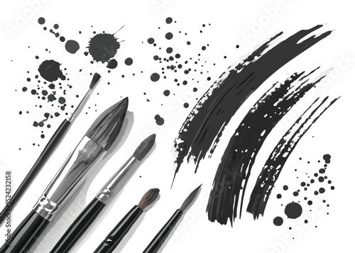 Black ink brushes painting art supplies artistic watercolor drawing tools creative design illustration
