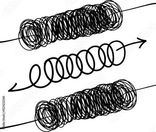 Abstract tangled lines transforming organized spirals