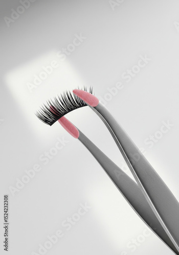 False Eyelashes Held by Precision Tweezers on Gradient Background