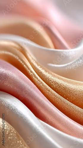 Close-up of flowing silk fabric in soft pastel colors, showcasing delicate textures and shimmering surfaces, ideal for fashion and design projects. Selective focus