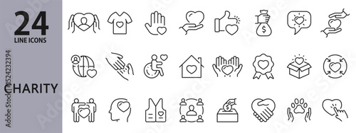 Charity line icons set with Donate, Gift, Help, Volunteer, Care, Love, Community and more. Editable Stroke
