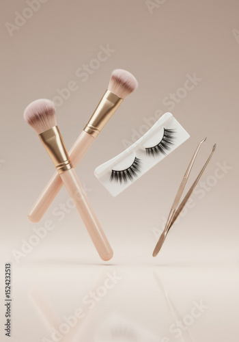 Floating Makeup Brush, False Eyelashes, and Tweezers on Soft Beige Background
