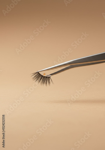 Close-Up of Eyelash Extension Application with Tweezers on Nude Background