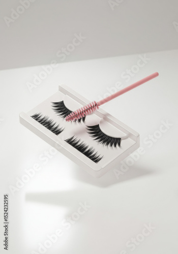 False Eyelash Set with Pink Spoolie Brush on White Background