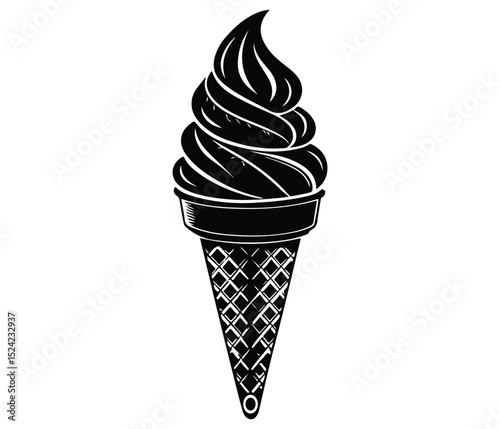 Black Ice Cream Cone Vector Silhouette on White Background,  Ice Cream Waffle Cone, Swirled Ice Cream Icon, Minimalist Ice Cream Cone Icon, Silhouette of a Swirl Ice Cream.