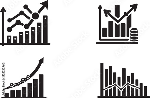 Four different types of charts showing growth and decline trends in business and finance