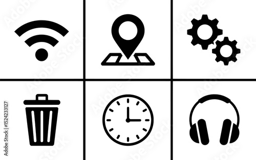 Simple black icons wifi location settings trash clock headphones
