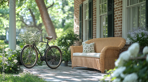 Bike with flowers on porch of brick house, summer garden