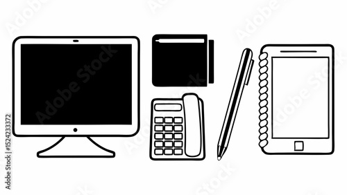 Illustration of a computer monitor, book, phone, pen, and notebook on a white background created with generated ai