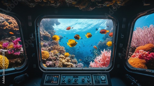 Underwater view from submarine cabin