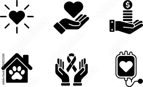 Six black icons representing charity donation and giving