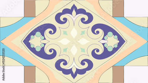 Floral patterned tile with symmetrical design in pastel colors and geometric borders forming a square created with generated ai