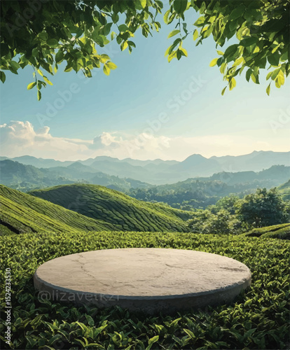 Wooden Tabletop with Green Tea Farm and Sky – Blurred Background - Round Timber Table with Beautiful Tea Garden View - Wood Surface with Scenic Blurry Tea Fields and Clear Sky
