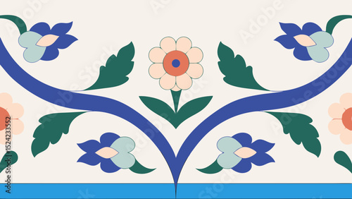 Floral pattern with blue vines and flowers on a cream background with a blue horizontal stripe created with generated ai