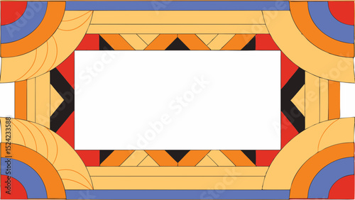 Art deco style frame with geometric patterns and curved elements in blue orange and yellow colors created with generated ai