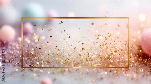 Colorful glitter particles scattered on a soft background with pastel hues, creating a dreamy atmosphere perfect for festive celebrations and creative projects. Selective focus