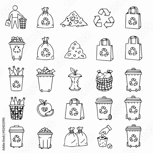 Recycling and waste management line art icons.