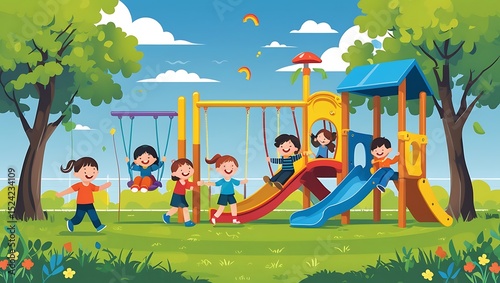 Joyful Children Playing at a Vibrant Playground in a Sunny Park