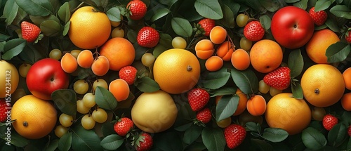Colorful background of fruits, berries and flowers.