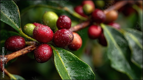 Macro shot of coffee arabica cherries on a branch with raindrops