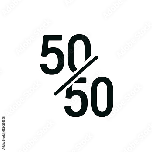 Minimal icon of 50/50 fraction symbol representing equal chance, balance, fairness, or shared percentage