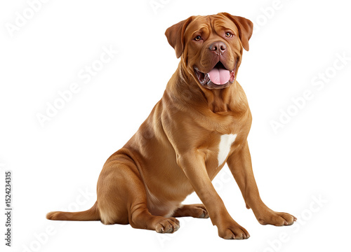 Dogue de Bordeaux dog sitting upright, mouth open and tongue out, isolated on a transparent background, PNG photo