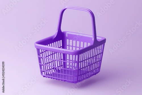 A 3D-rendered illustration of a floating purple plastic shopping basket with a curved handle and grid-like texture, designed for retail and e-commerce themes.