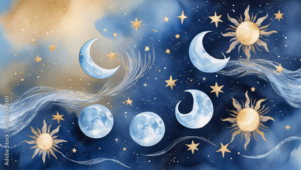 Fototapeta premium Watercolor celestial pattern with moon phases, stars, suns, and cosmic dust in dreamy blue and gold