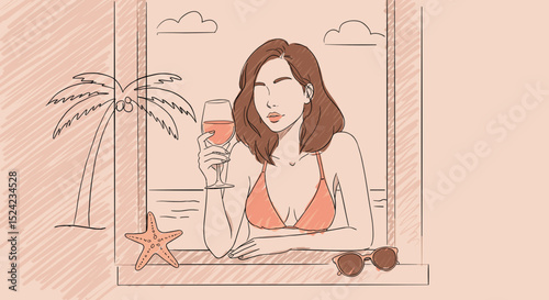 Young woman enjoying a cocktail by the window overlooking the beach, hand drawn sketch, for postcards, invitations, travel agencies