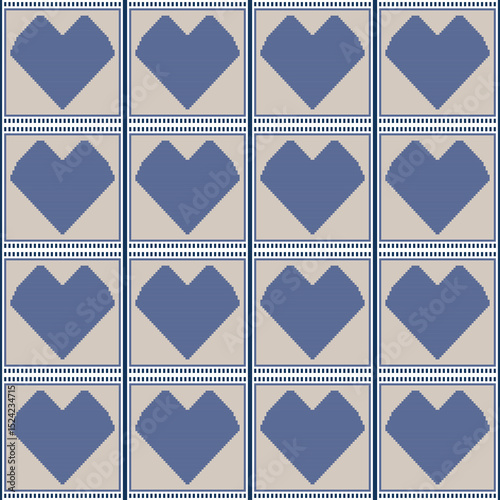 Heart pattern vector in square of blue and brown tone. Abstract heart pixel arts. Concept of geometric, bold lines, modern, love, repeat for seamless, fashion, texture, textiles, wrap, background.