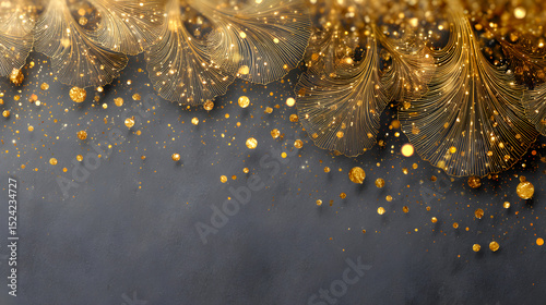Elegant golden abstract illustration with shimmering particles and flowing lines on a dark background, creating a luxurious and festive atmosphere. Selective focus