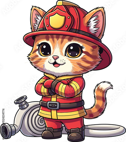 Adorable cartoon cat dressed as a firefighter with big eyes and fire hose present