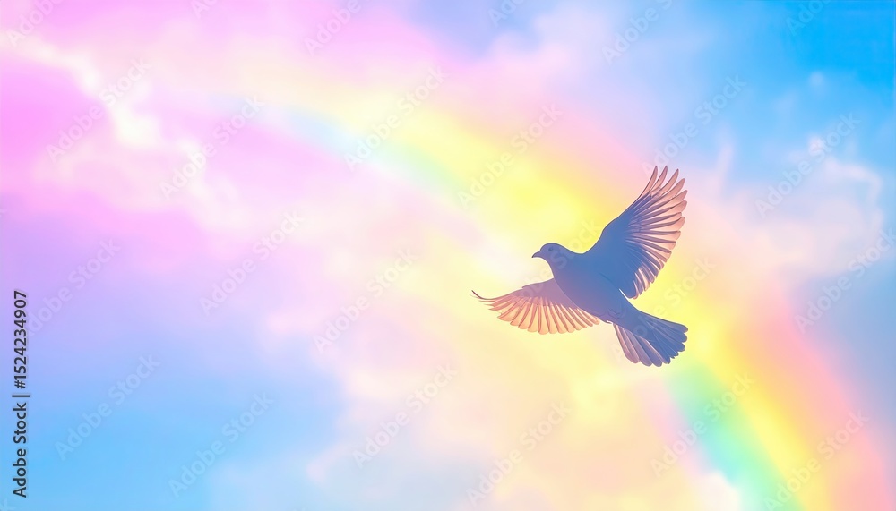 Naklejka premium Bird Silhouette Gliding Through a Colorful Rainbow
