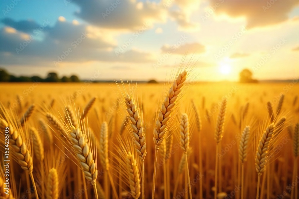 Fototapeta premium Golden wheat field ready for harvest, sun shining on ripe stalks, abundant crop, rural landscape Summer harvest, agricultural scene, golden hour, nature, farmland , plants, harvest, sun rays