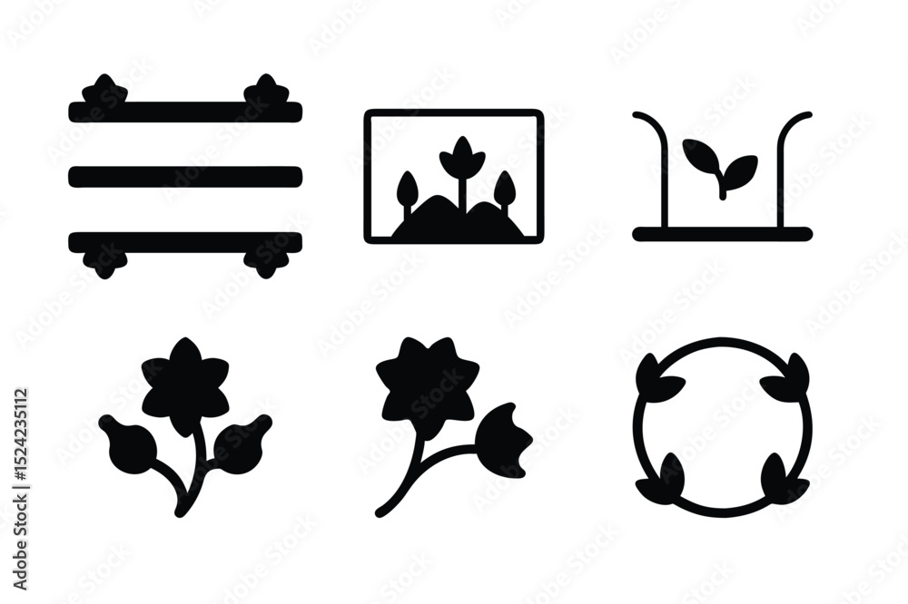 Naklejka premium Black vector silhouette icon set illustration of farm animals including a cow, cat, dog, and bear with a plant and tree design