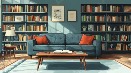 Cozy home library with a comfortable couch and bookshelves