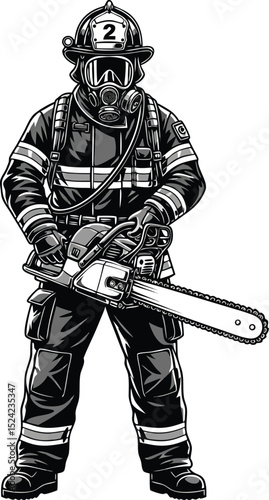 Brave firefighter in protective gear holding chainsaw ready for emergency response task